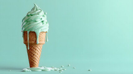 Mint green ice cream melting on a waffle cone, with a mint background in a studio setting.