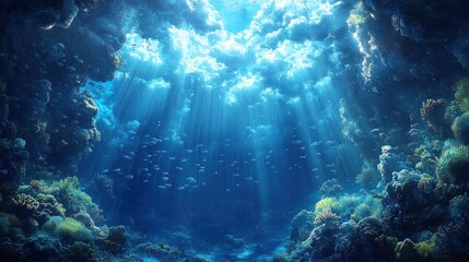 Obraz premium Sunbeams illuminating a vibrant coral reef underwater.