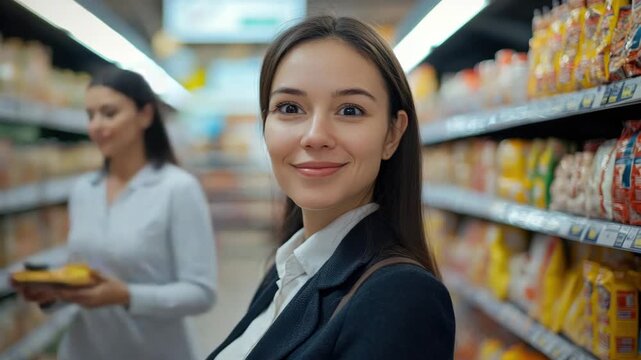 Woman shopping in the grocery store, smiling at the camera.