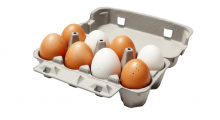 A carton of brown and white eggs arranged in a grey cardboard container isolated on transparent background