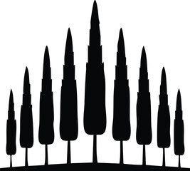 Cypress Trees Silhouette Set Tall Narrow Shapes on Transparent Background