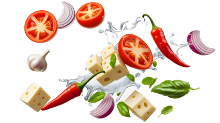 Realistic vector of flying food ingredients—tomato slices, onion rings, chili peppers, basil, cheese cubes, and garlic—with dynamic motion, isolated on transparent background for culinary design use.
