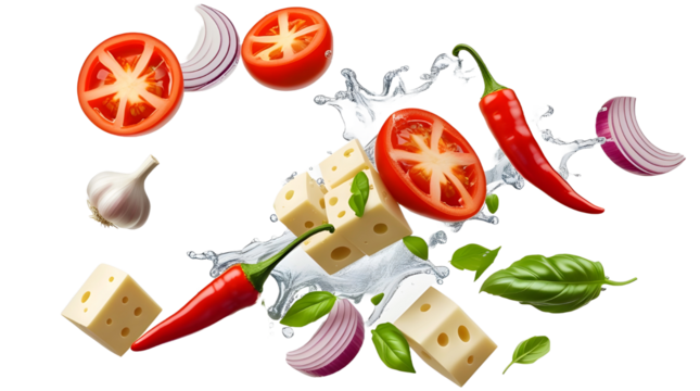 Realistic vector of flying food ingredients—tomato slices, onion rings, chili peppers, basil, cheese cubes, and garlic—with dynamic motion, isolated on transparent background for culinary design use.
