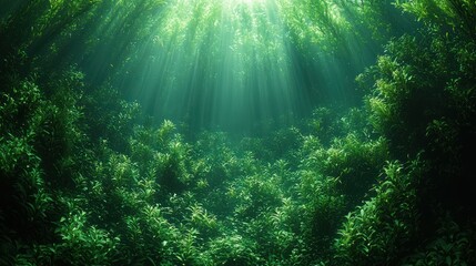 Fototapeta premium Sunlight filtering through underwater vegetation.