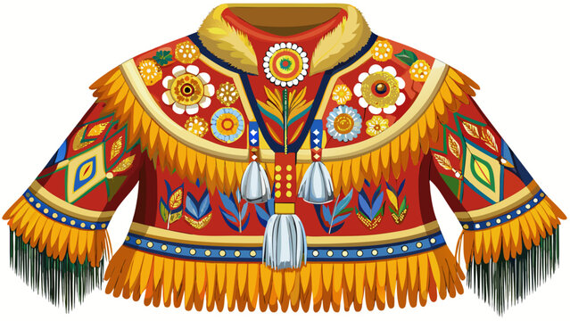 The Alaska Athabaskan moosehide dress with floral beadwork and fringes displays deep craftsmanship and warmth, perfect for a rich cultural vector representation.