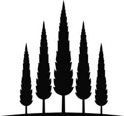 Cypress Tree Silhouette Set Tall and Narrow on Transparent Background