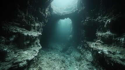 Obraz premium Underwater cave with textured rock formations.