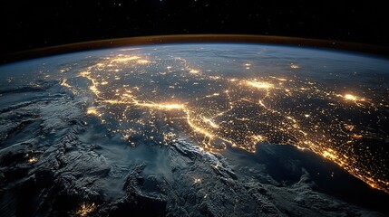 India city lights from space at night, satellite view of urban development and connectivity across glowing regions