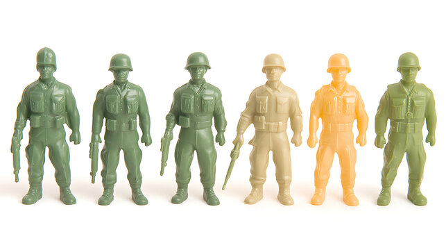 Toy soldiers stand in a line, ready for imaginative play.  Miniature figures dressed in military uniforms showcase childhood fun. Green, beige, and orange hues. - Powered by Adobe