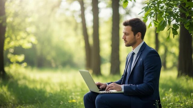 Businessman Working on Laptop in a Lush Green Forest Setting