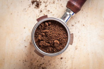 Close-Up of Rich Coffee Grounds in Portafilter