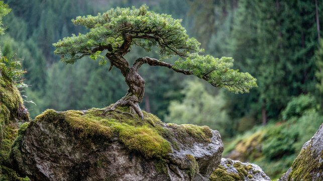 Windswept tree on mossy rock, forest blurred behind, soft light. Natural beauty