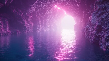 Pink cave interior with water reflection.