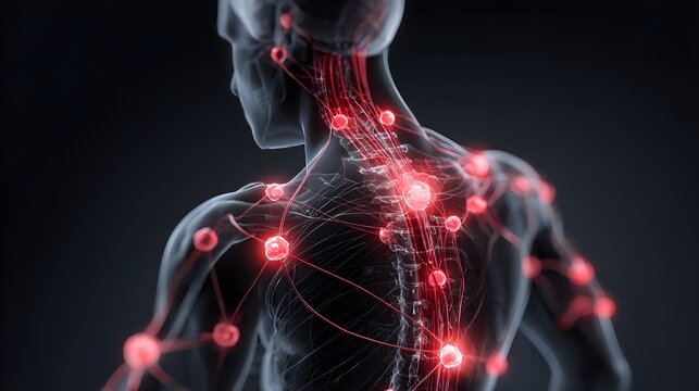 Human body with glowing red pain points on neural pathways illustrating pain or nerve stimulation, set against a dark blue background	