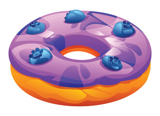 Delicious purple donut topped with fresh blueberries on a white background. Vector cartoon illustration