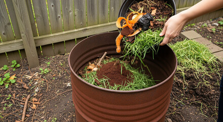Illustration of person is adding organic kitchen scraps and grass clippings to rusty metal compost bin in backyard garden