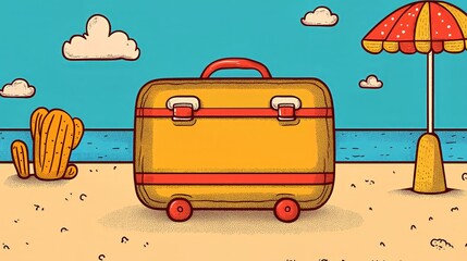 Retro suitcase on beach with umbrella and cactus in vintage summer setting