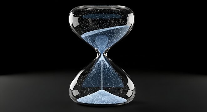 Hourglass of Time:  A symbolic representation of the passing of time and the merging of human and artificial intelligence, depicted by light blue sand flowing within a clear glass hourglass against