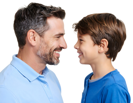 Father and son smiling, father looking at his son on a transparent background.