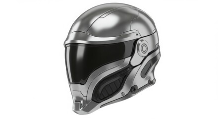 Fototapeta premium Sleek futuristic silver sci fi helmet with dark visor isolated on white background