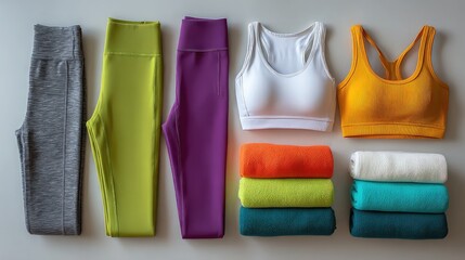 Vibrant athletic apparel and towels laid out for a workout session
