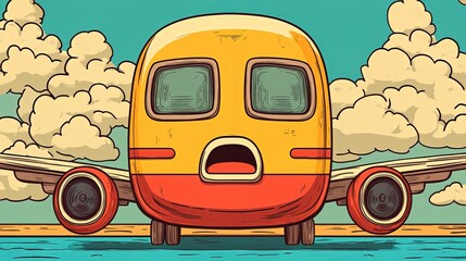 Whimsical airplane with big eyes soaring through a cloudy sky in vibrant colors