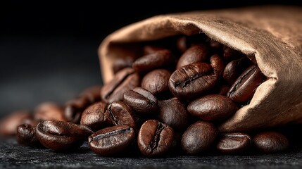 Chic Roasted Coffee Beans from Paper Pouch on Dark Canvas  

