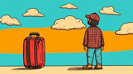 Person in plaid and luggage against bright cloudy backdrop illustrating travel and adventure