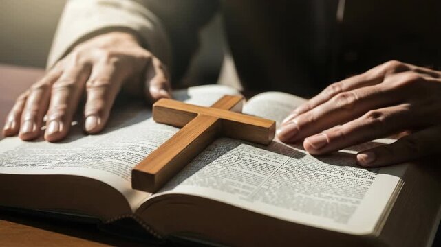 Hands Placing Wooden Cross on Open Bible in Soft Light Setting
