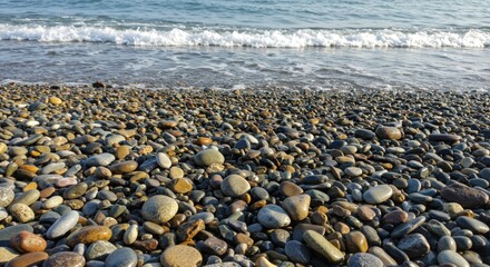 Obraz premium Close up of a pebble beach with gentle waves rolling in isolated on white background