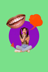 Pop template collage of person use phone with speech bubble mouth saying on green background