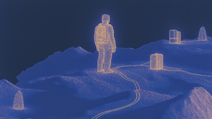 Glowing outline of traveler with backpack on mountain in surreal digital landscape