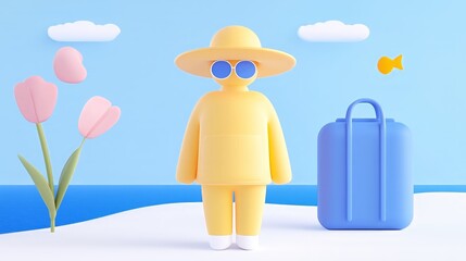 Minimalist beach vacation scene with abstract traveler, luggage, and flowers
