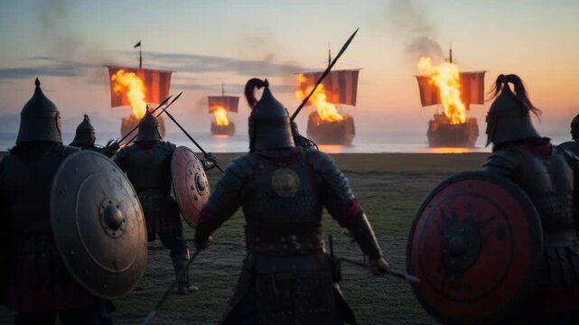 Ancient Warriors Prepare for Battle Against Fiery Ships at Dusk