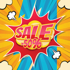 Comic book sale advertisement with 50 percent discount. 50 Percent Off Banner, poster. Modern text offering Label, sticker vector illustration. editable template