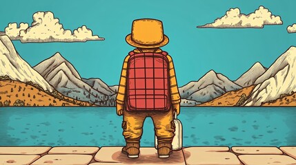Colorful adventure: hiker with backpack by mountain lake and scenic landscape