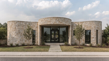 Fototapeta premium Modern luxury home exterior featuring curved stone facade and large glass entryway on a beautiful sunny day