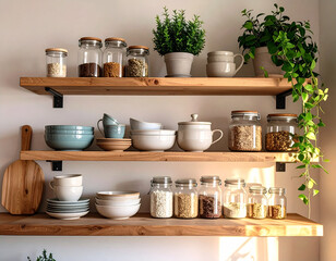 Obraz premium Cozy kitchen shelf with stacked ceramics, glass jars, and trailing plant