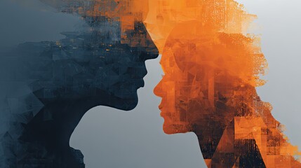 Leadership dual heads digital illustration, business strategy teamwork concept with technology theme for corporate design use