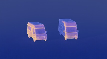Futuristic wireframe models of vans on blue background with neon glow