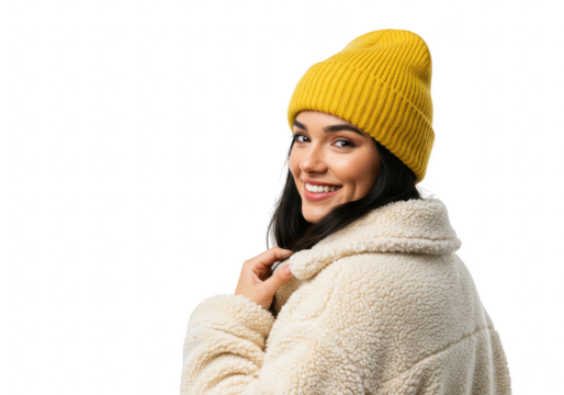 A smiling woman in a winter hat and coat looks back, isolated on transparent background - Powered by Adobe