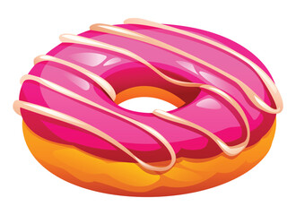 Strawberry flavored donut with pink glaze and smooth vanilla drizzle on a white background. Vector cartoon illustration