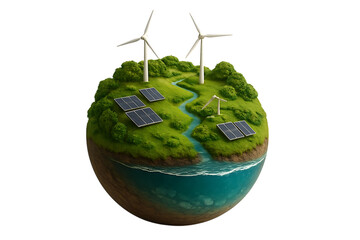 Miniature green planet with wind turbines and solar panels isolated on transparent background