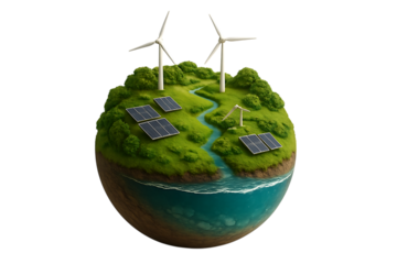 Miniature green planet with wind turbines and solar panels isolated on transparent background