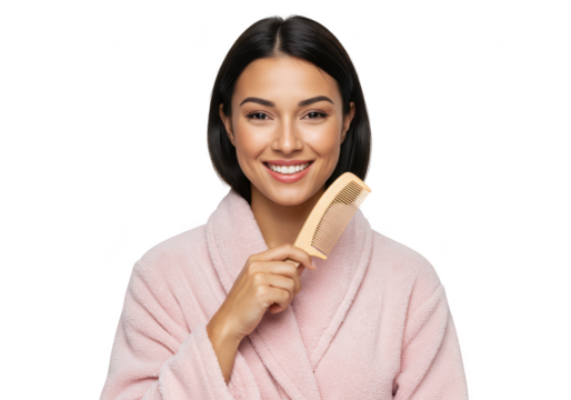 A smiling brunette woman in a bathrobe is holding a comb isolated on transparent background