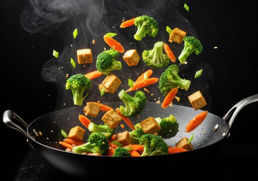 Tofu and broccoli stir fry ingredients flying out of a wok isolated on white background