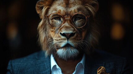 A sophisticated man with a lion's head, wearing glasses.