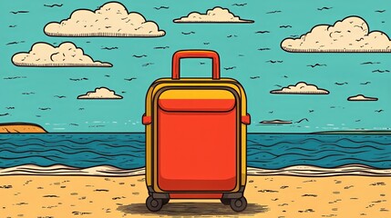 Colorful suitcase on beach with ocean waves and scenic sky in pop art style