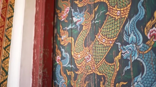 Intricate painted naga on a temple door