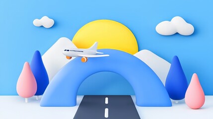 Dreamy landscape with airplane flying over blue arch bridge and stylized trees
